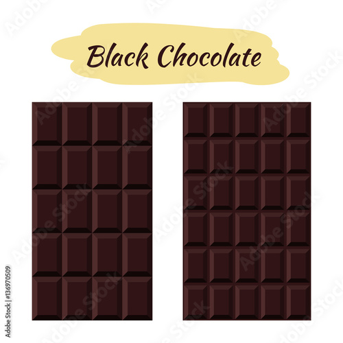Black chocolate in flat style. Sweet organic cacao food.