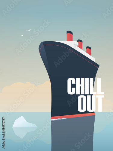 Big ship sailing on sea with iceberg in its way. Symbol of relax and calm holiday