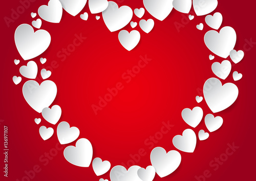 Heart with copy space flat lay with white vector paper hearts on red background. Love and Valentine's Day concept.