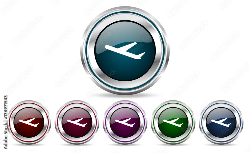 Deparures silver metallic web and mobile phone set of vector icons isolated on white background in eps 10. Deparures silver metallic web and mobile phone set of vector icons isolated on white background in eps 10.