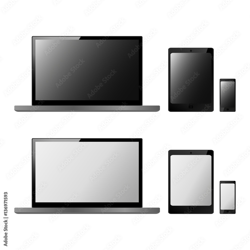 Set of realistic electronic technology devices with empty black and white screen. Laptop, tablet, mobile phone, smartphone modern digital gadgets isolated on white background, mockup template Set of realistic electronic technology devices with empty black and white screen. Laptop, tablet, mobile phone, smartphone modern digital gadgets isolated on white background, mockup template