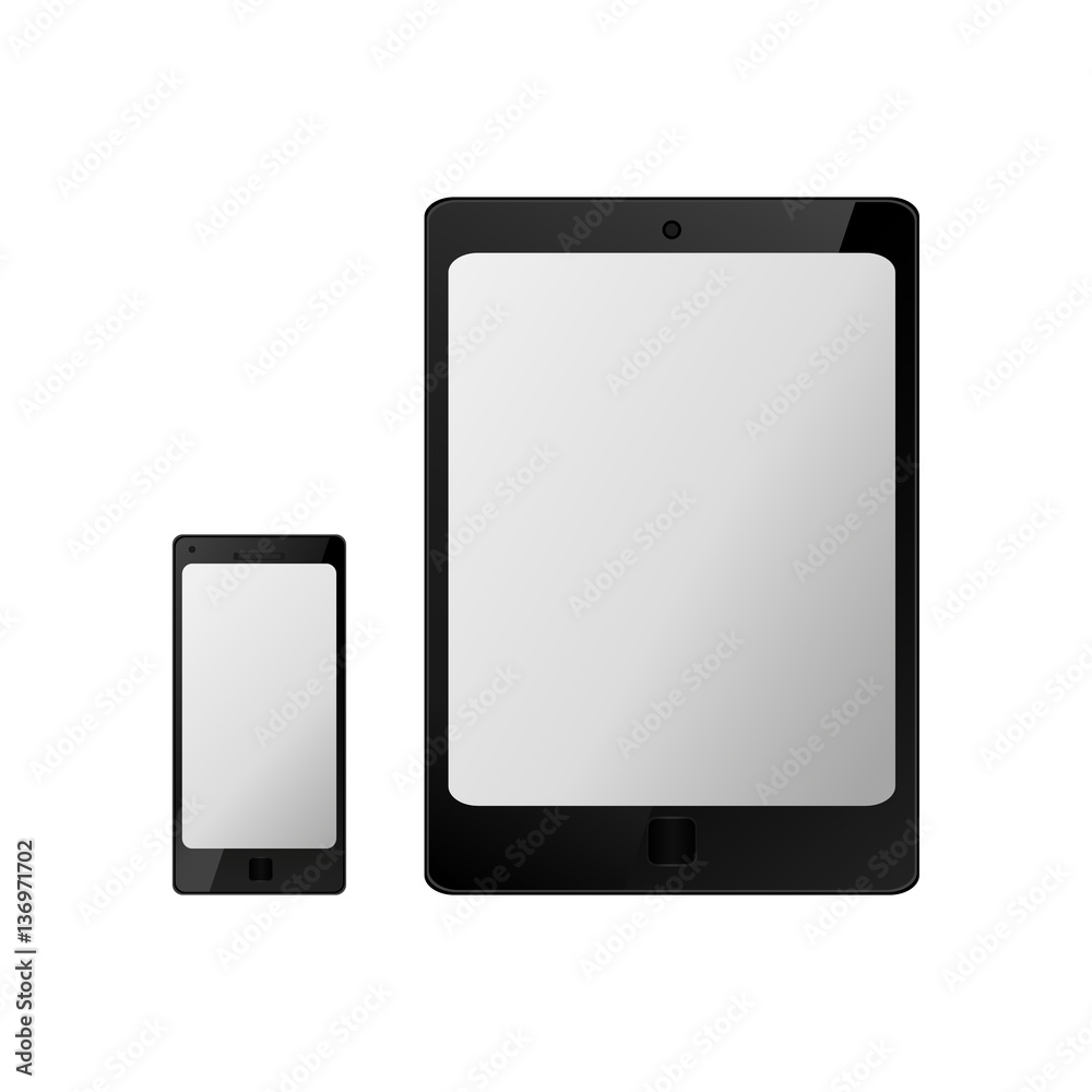 Set of realistic black electronic technology devices with empty white screen. tablet, mobile phone, smartphone modern digital gadgets isolated on white background, mockup template. vector Set of realistic black electronic technology devices with empty white screen. tablet, mobile phone, smartphone modern digital gadgets isolated on white background, mockup template. vector