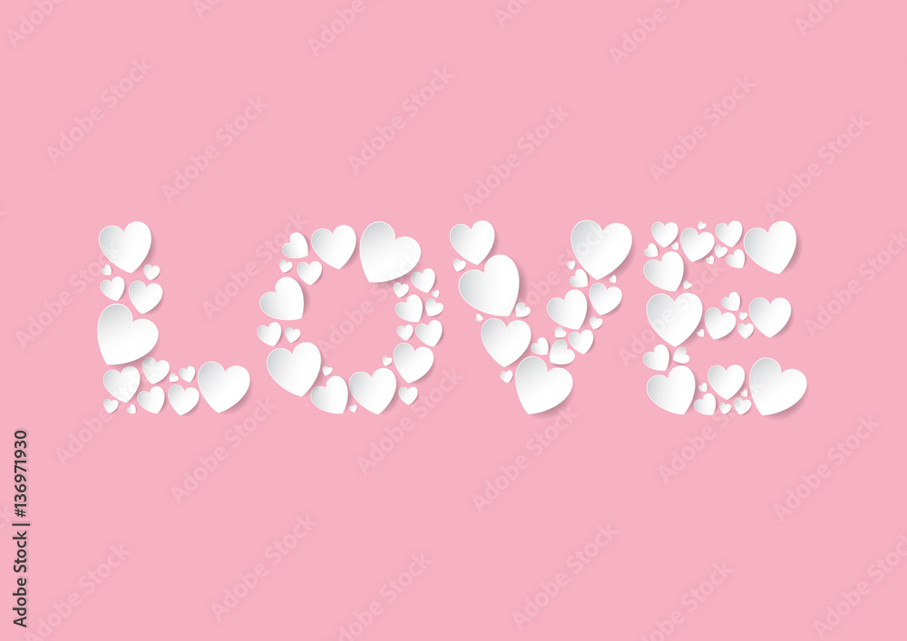 Love letters flat lay with white vector paper hearts on pink background. Love and Valentine's Day concept.