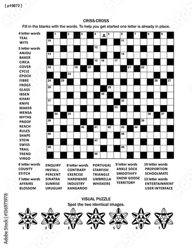 Puzzle page with two puzzles: 19x19 criss-cross word game (English language) and visual puzzle with whimsical shapes. Black and white, A4 or letter sized. Answers are on separate file named p19674.
