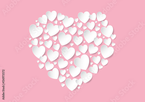 Valentine's Day flat lay with white vector paper hearts on pink background