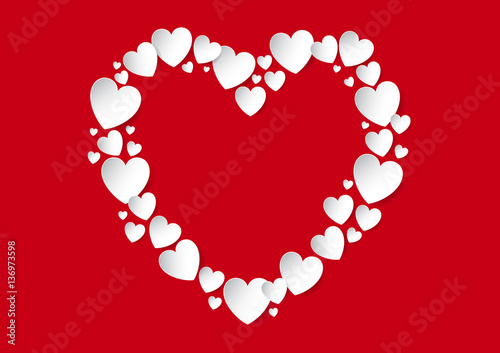 Valentine's Day Heart flat lay with white vector paper hearts on red background