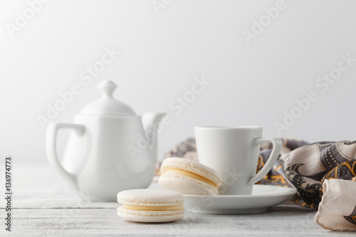 woman breakfast on table with cup of tea