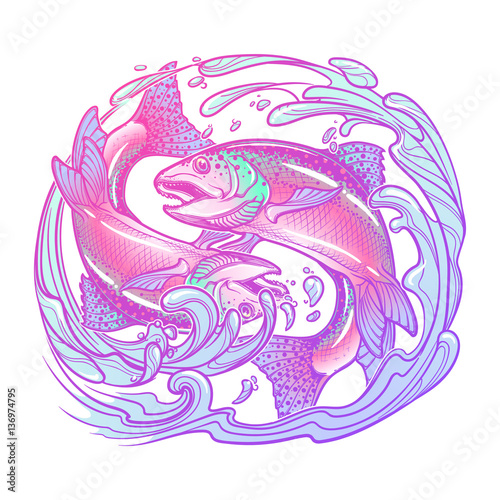 Zodiac sign - Pisces. Two fishes jumping from the water. Circle composition, decorative frame of roses. Vintage art nouveau style concept art for horoscope, tattoo or colouring book. EPS10 vector