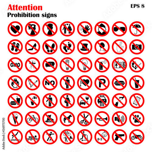 Prohibition sign icons collection, set of vector illustration isolated on white. Red forbidden circle