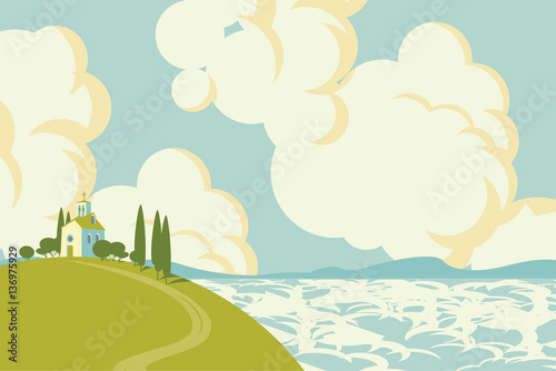 spring landscape with Village on the hill and sky with clouds and sea with mountain