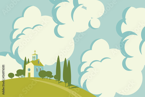 spring landscape with Village on the hill and sky with clouds
