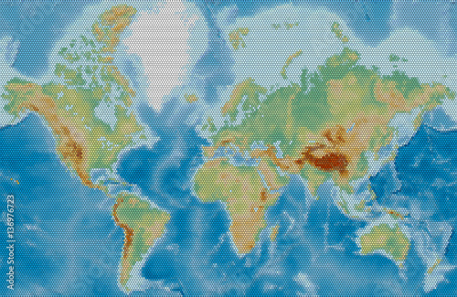 World physical vector map stylized using circles on a black back