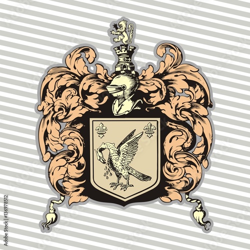 Vector illustration of classic heraldic design with coat of arms and knight helmet line art blazon