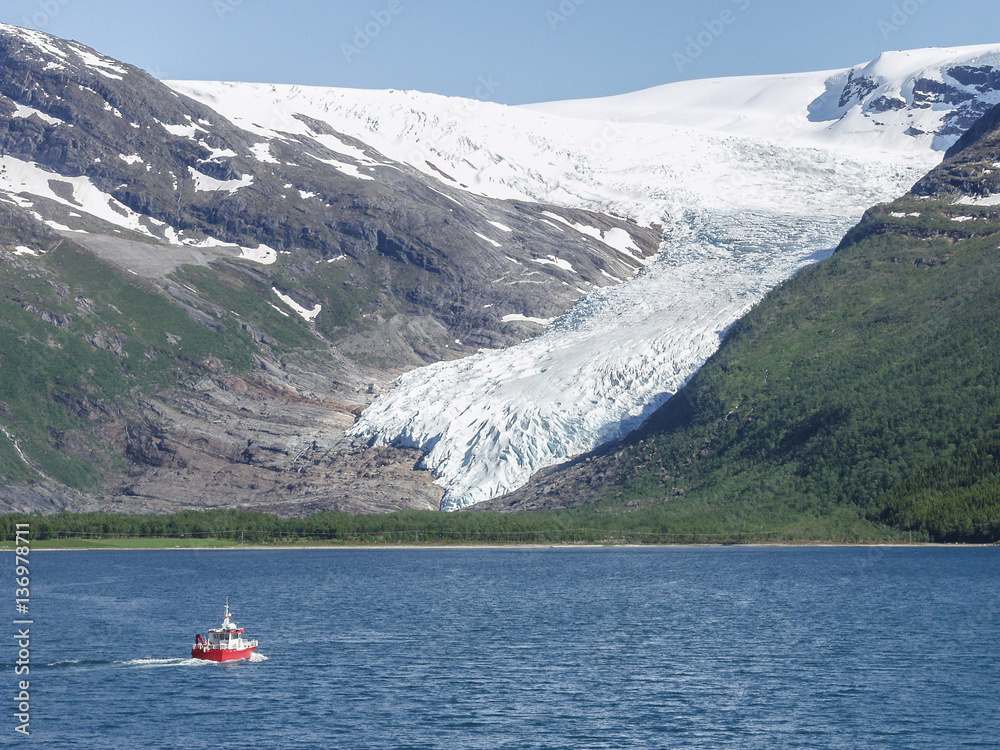 Svartisen glacier seen from route 17, Norway Svartisen glacier seen from route 17, Norway