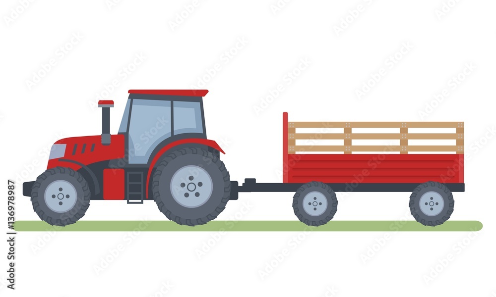 Red tractor with trailer on white background. Flat style, vector illustration. 