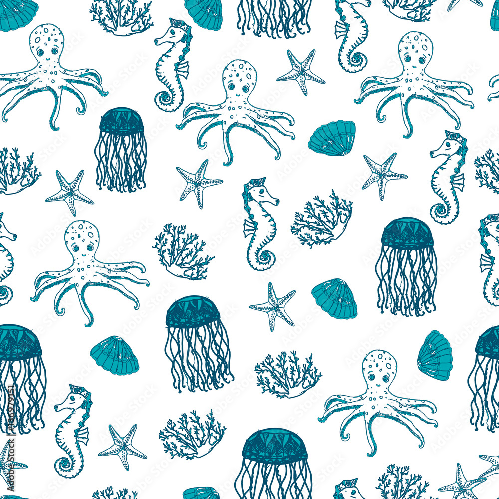 Fototapeta premium Hand drawn sea creatures. Seamless pattern.