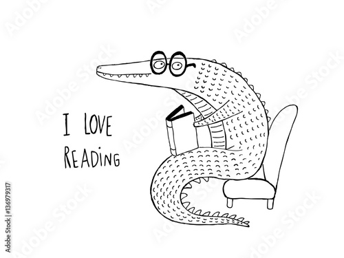 I Love Reading, Crocodile reading a book, black and white