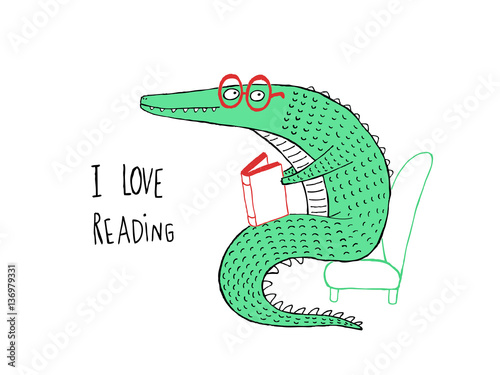I Love Reading, Crocodile reading a book, hand drawn vector illustration