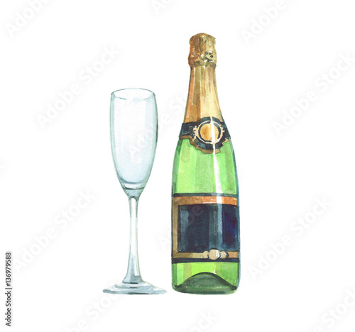 Watercolor a bottle of champagne in the package isolated on a white background illustration.