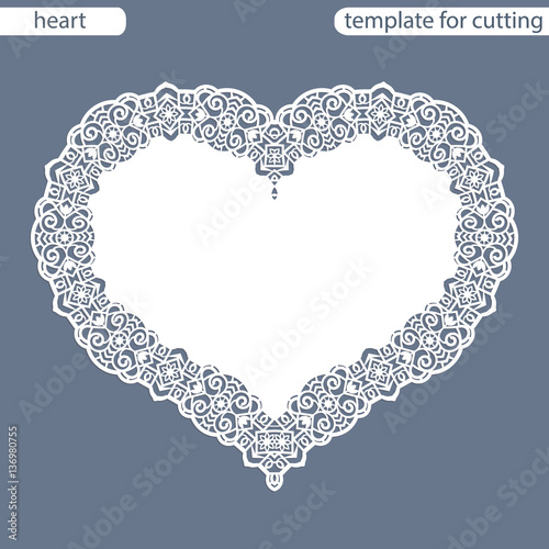 Greeting card with openwork border, paper doily under the cake, template for cutting in the form of heart, valentine card, wedding invitation, decorative plate is laser cut, vector illustrations.