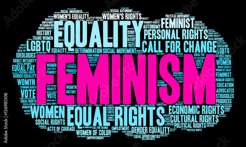 Feminism word cloud on a black background. 