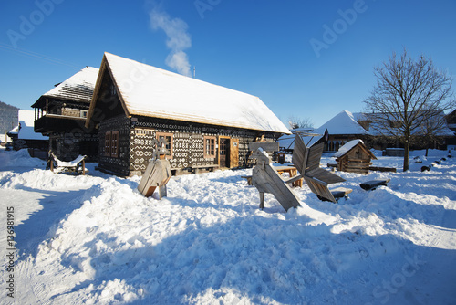 The ornaments from Cicmany in winter, a slovak folk pattern. The old wooden house painted ornament. 