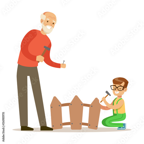 Boy And Grandfather Hammering Nails In The Fence, Part Of Grandparents Having Fun With Grandchildren Series