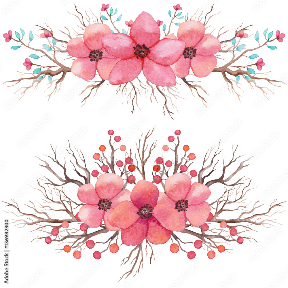 Fototapeta premium Set Of Watercolor Bouquets With Red And Pink Flowers