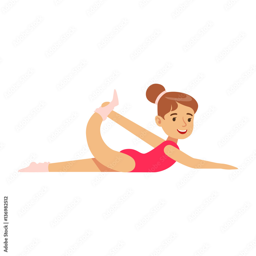 Little Girl In Red Leotard Doing Gymnastics Stretching Exercise In Class, Future Sports Professional Little Girl In Red Leotard Doing Gymnastics Stretching Exercise In Class, Future Sports Professional