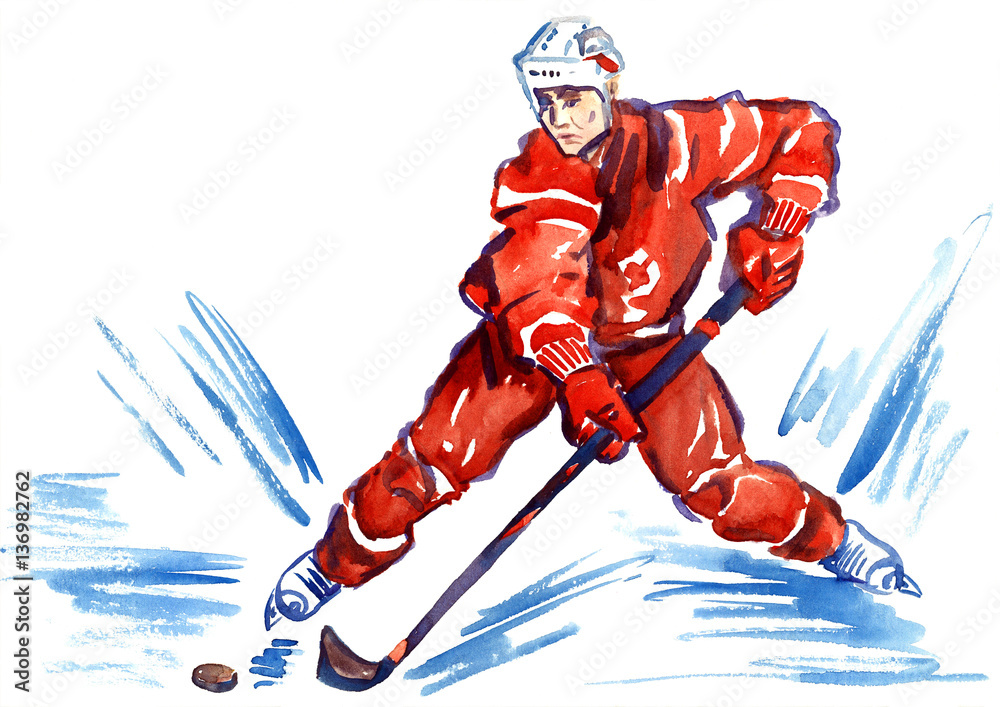 Fototapeta premium Athlete hockey player skating with puck at high speed, hand painted watercolor illustration