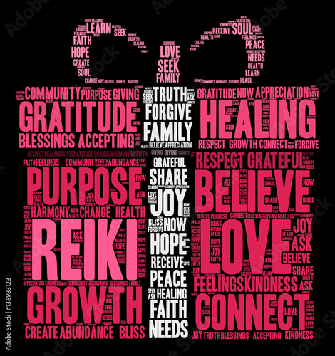 Reiki Word Cloud on a black background. 