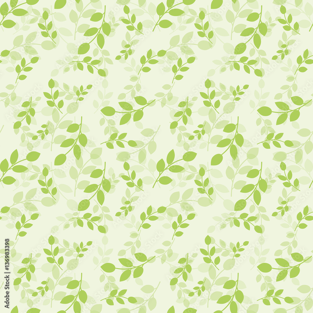 Seamless pattern with green leaves. Vector illustration.  Natural style. Background for dress, manufacturing, wallpapers, prints, gift wrap and scrapbook. 
