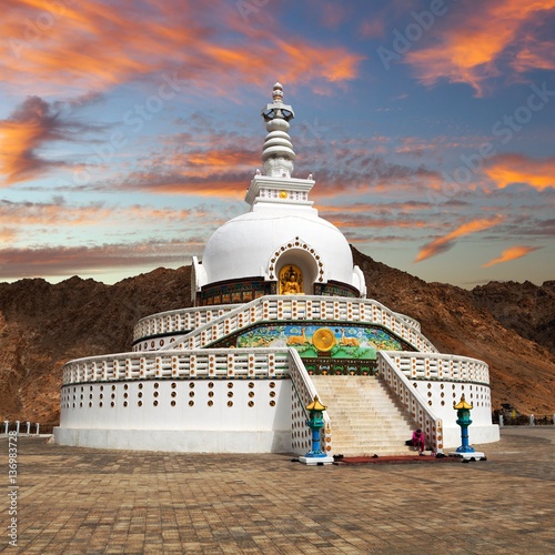 Evening sunset view of Tall Shanti Stupa near Leh photo