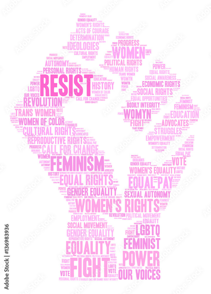 Women's Rights Resist Word Cloud on a white background. 