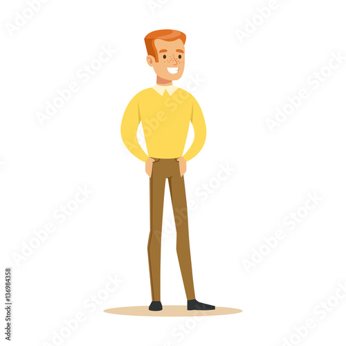 Redhead Guy In Yellow Sweater Overwhelmed With Happiness And Joyfully Ecstatic, Happy Smiling Cartoon Character
