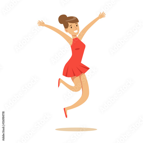 Girl In Short Red Dress Overwhelmed With Happiness And Joyfully Ecstatic, Happy Smiling Cartoon Character