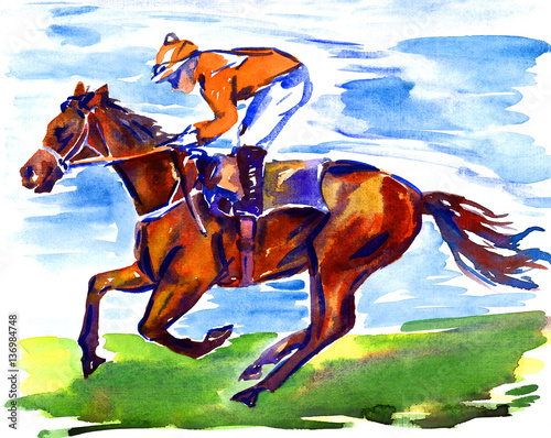 Athlete jockey on horseback participating in racing on the racetrack on a sunny summer day, hand painted watercolor illustration