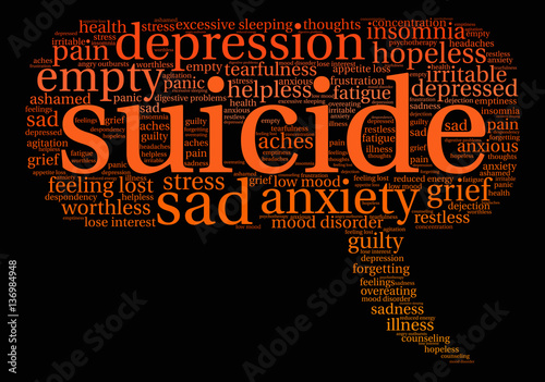 Suicide Word Cloud on a black background. 