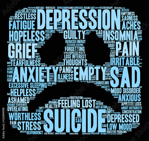 Suicide Word Cloud on a black background. 