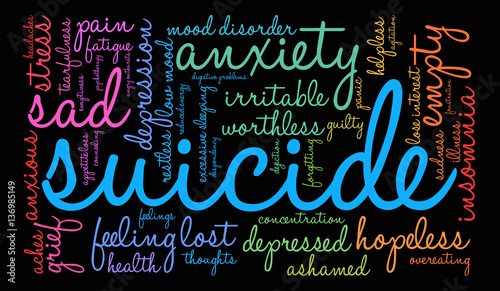 Suicide Word Cloud on a black background. 