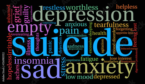 Suicide Word Cloud on a black background. 
