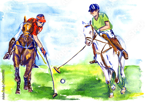 Athletes on horseback playing polo in the sunny summer day, hand painted watercolor illustration photo