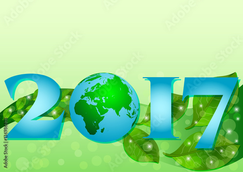 2017 with Earth globe and plume of green leaves on green background for Earth day or hour, also Wildlife and Environment days. Vector illustration