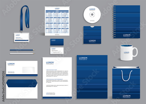 Business stationery set template, corporate identity design mock-up with blue striped background 