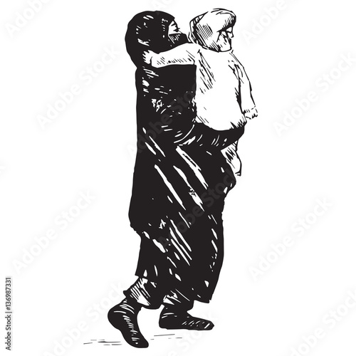 mother in black  burqa with child in her hands walking, black and white isolated hand drawn vector illustration in ink drawing pop art style