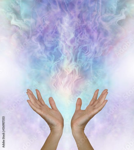 Beautiful Metaphysical Energy Field - female hands reaching up and out towards a  gaseous field of ectoplasmic matter on a turquoise blue purple background with copy space  photo