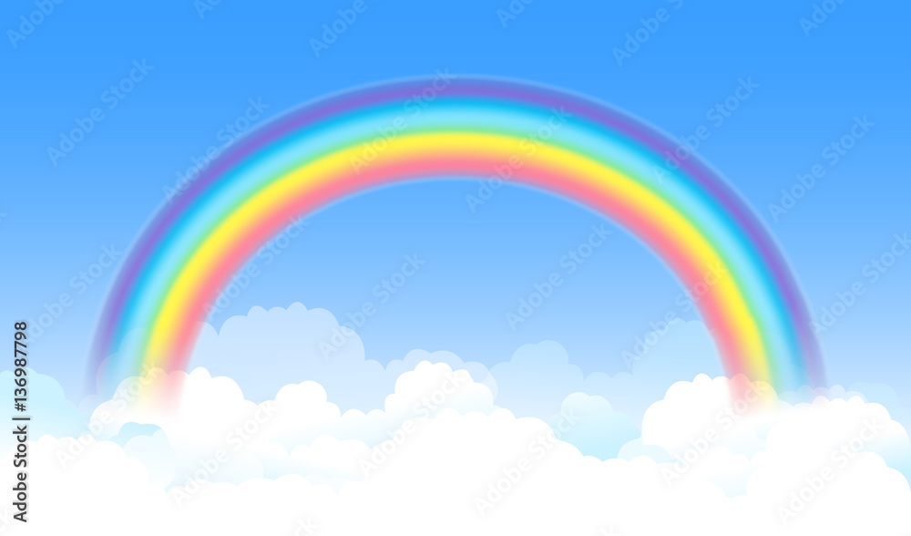 Bright arched rainbow with blue sky and white clouds. Vector