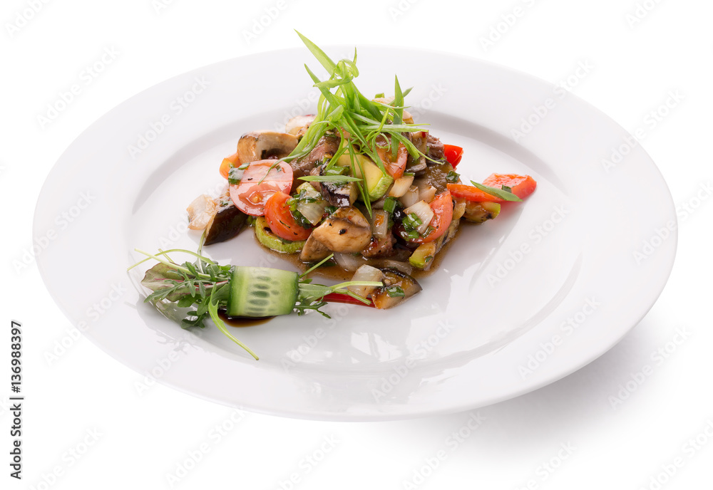 warm vegetables salad with meat