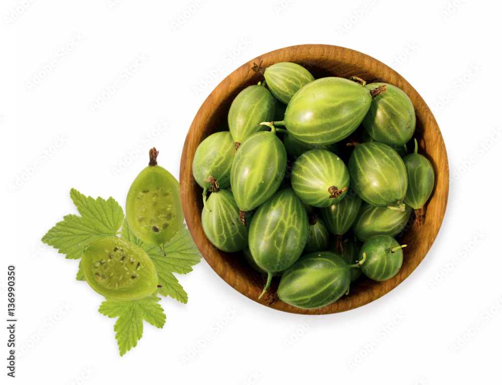 Gooseberry fruit isolated on white background. Gooseberry in ceramic bowl with copy space for text. Top view. Gooseberry fruit isolated on white background. Gooseberry in ceramic bowl with copy space for text. Top view.