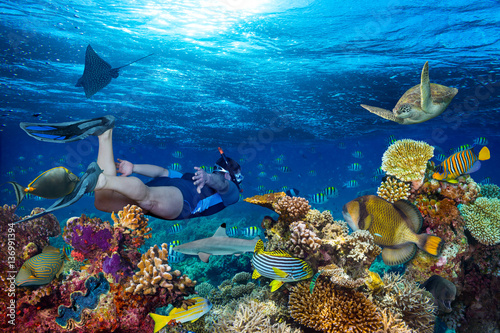 młody mężczyzna snorkler zwiedzania kolorowe podwodny świat rafa koralowa z wieloma rybami rekin żółw morski snorkling tle